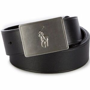 Polo Ralph Lauren Men's Pony Plaque Leather Belt  Black Silver Size 38